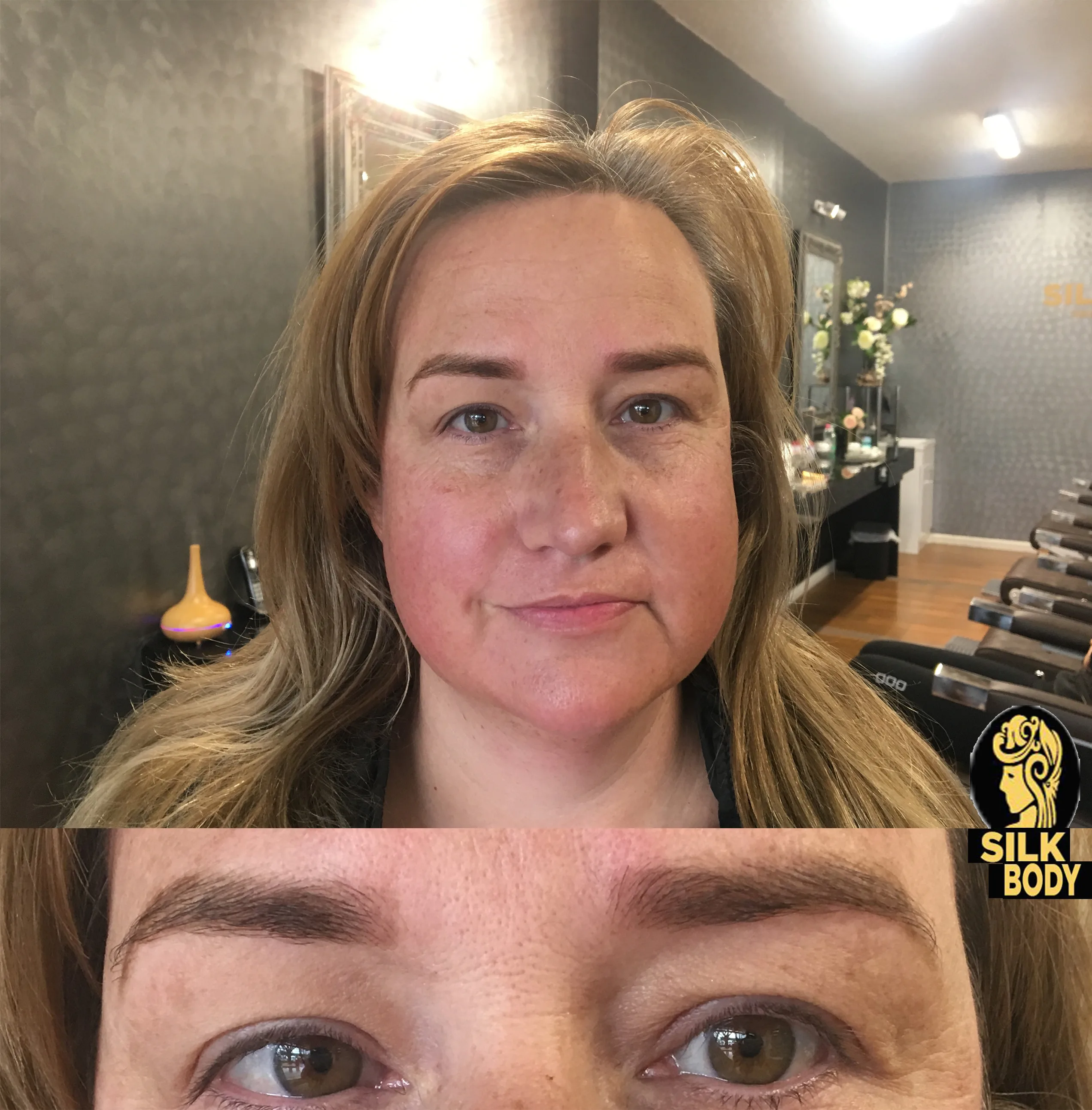 Brow shaping result — full face and close-detail panel